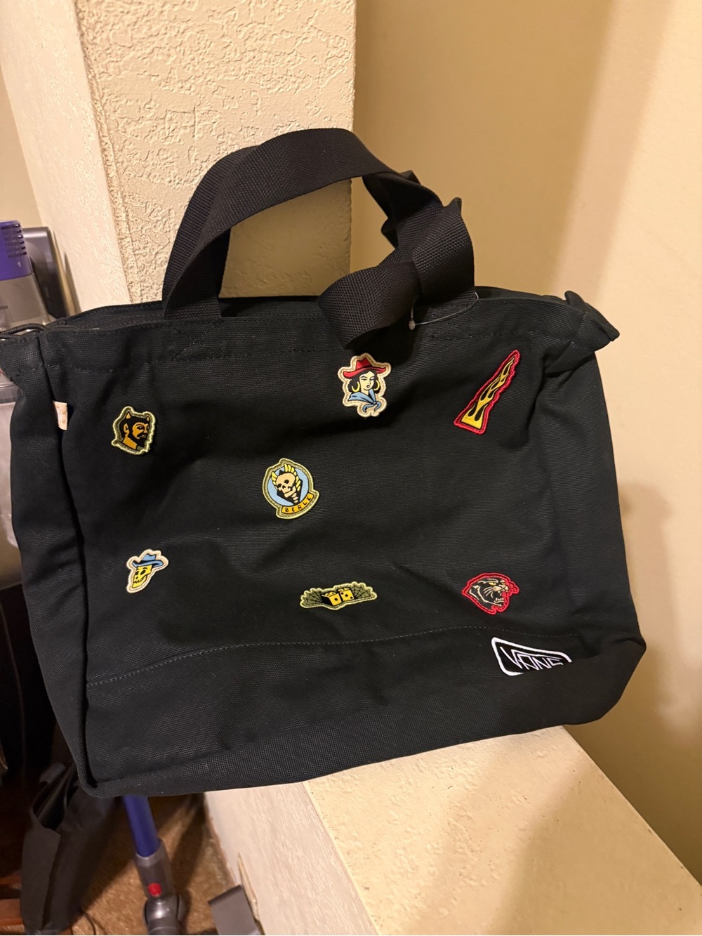 Vans Black Canvas Messenger Tote with Patch Badges Elija Berle